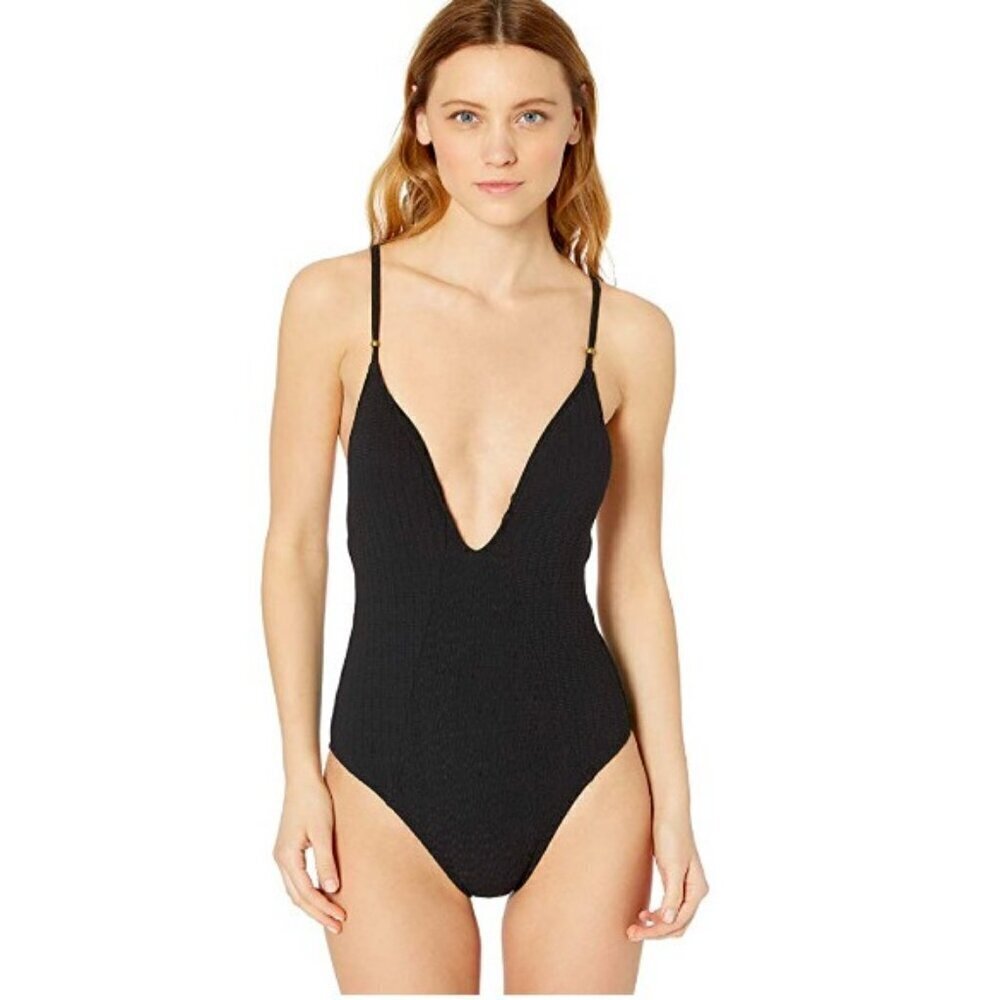 Lucky Brand $114 Plunge Front One-Piece Swimsuit Size S Black